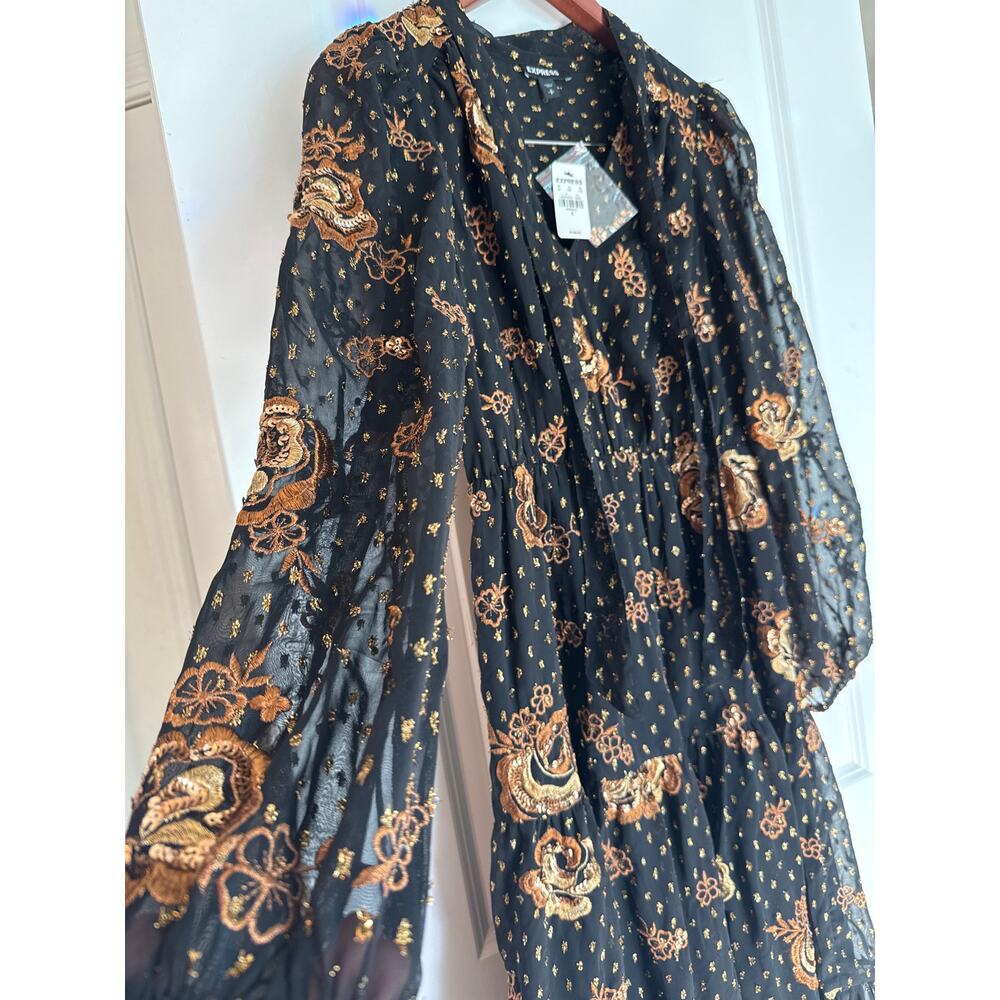 Express Black & Gold Embroidered Midi Dress NWT | Holiday & NYE - Picture 3 of 16